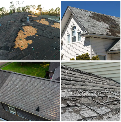 Damaged roof being inspected after storm